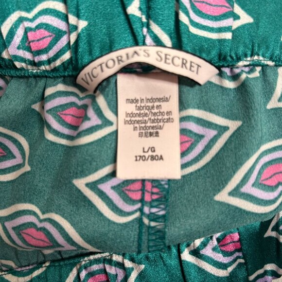 Victorias Secret Satin Pajama Pants Large Green Pink Lips Kiss Elastic Waist - Picture 4 of 5